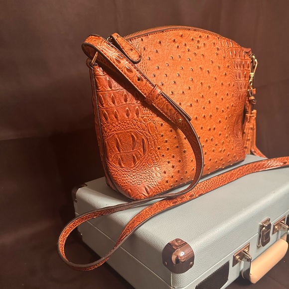 Elegant Brown Faux Ostrich Leather Crossbody With Tassels - Picture 3 of 8